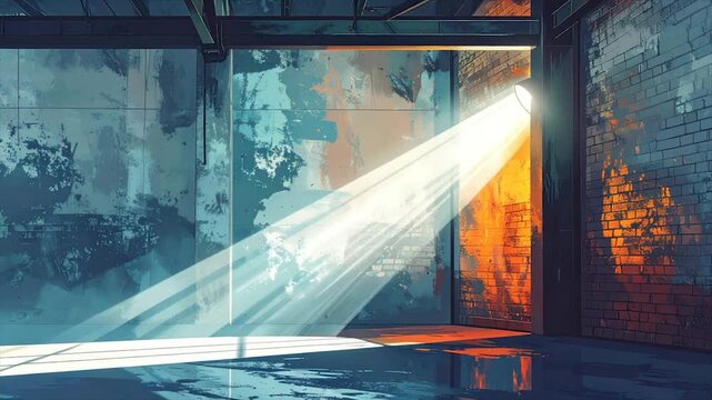 An abandoned interior with sunlight piercing a doorway, creating stark light/shadow contrasts