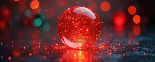 Fototapeta premium Red glowing sphere with sparkling particles on reflective surface. Out of focus red and green lights in background. Dark moody atmosphere. Festive abstract.