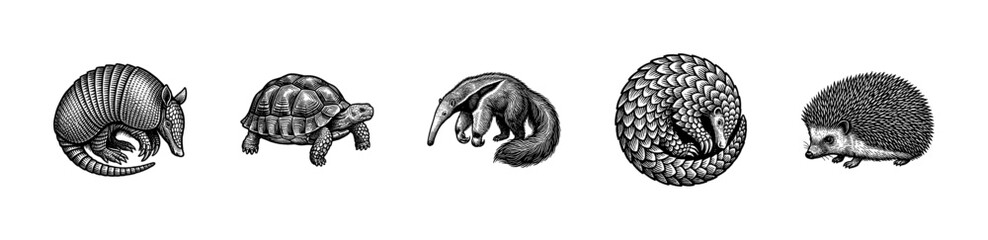 Obraz premium Vintage engraving style animal collection featuring armadillo tortoise anteater pangolin and hedgehog in hand drawn line art