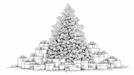 Naklejka premium Detailed Sketch of a Christmas Tree Surrounded by Numerous Gift Boxes.