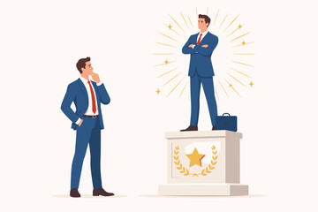 Flat design vector illustration of a businessman looking at a glowing statue of himself on a pedestal, symbolizing ego, narcissism, overconfidence, pride, leadership, and career ambition.