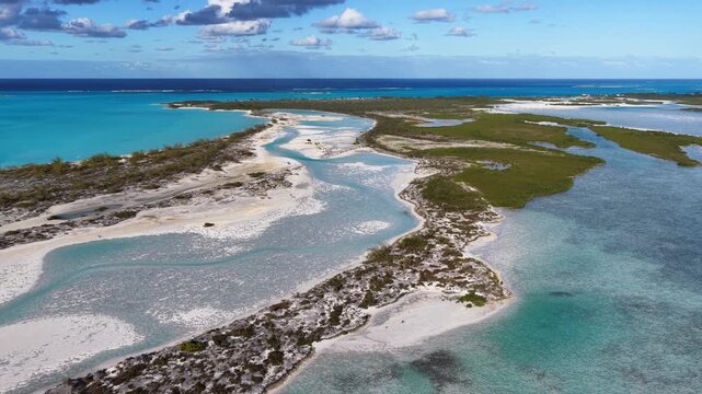 Aerial view of Moriah Harbour Cay National Park showing the islands and sandbars in the Exumas, Bahamas.