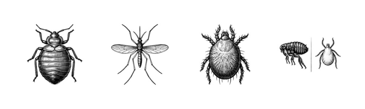 Vintage engraving of common household and parasitic insects including bedbug mosquito mite flea and tick set on white