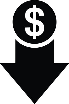 A black and white arrow pointing downwards with a dollar sign inside a circle.