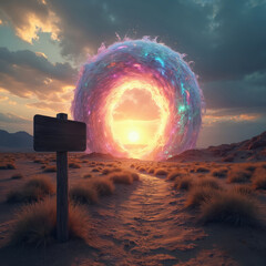 Fototapeta premium Magical portal opens in desert landscape near empty signpost. Colorful energy vortex glows at sunset. A path leads towards unknown dimension. Adventure beckons for traveler.