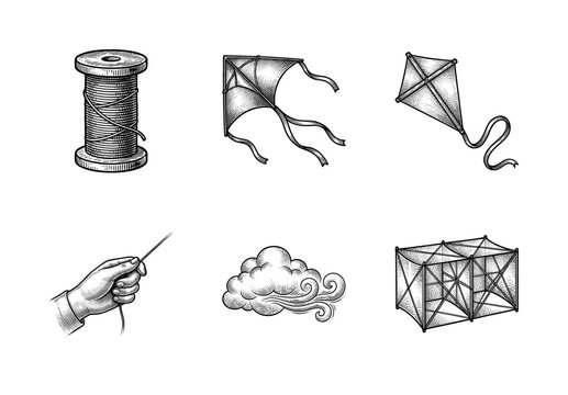 Vintage engraving style collection of kites, thread spool, human hand holding string, blowing wind, and cloud icons isolated on white.