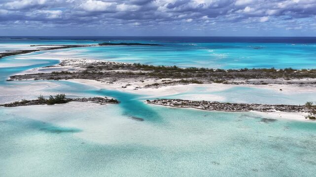 Aerial view of Moriah Harbour Cay National Park showing the islands and sandbars in the Exumas, Bahamas.