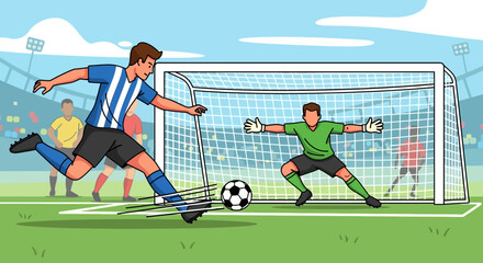Obraz premium Soccer Player Kicking Ball Near Goalkeeper.