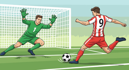 Obraz premium Soccer Player Kicking Ball Past Goalkeeper 1.