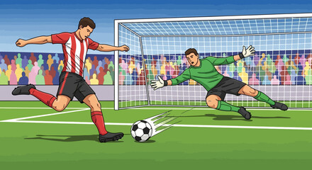 Soccer Player Kicking Ball Past Goalkeeper.