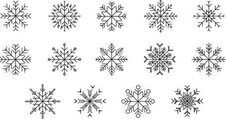 Black snowflake icon set, geometric winter design, decorative seasonal illustration, symmetrical snowflake pattern, creative holiday graphic, frosty ornamental elements