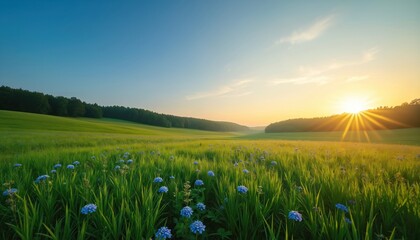 Naklejka premium Blue wildflowers bloom in rich green field near forest. Golden sun sets on horizon. Sky is clear blue with soft clouds. Nature scene evokes peace.