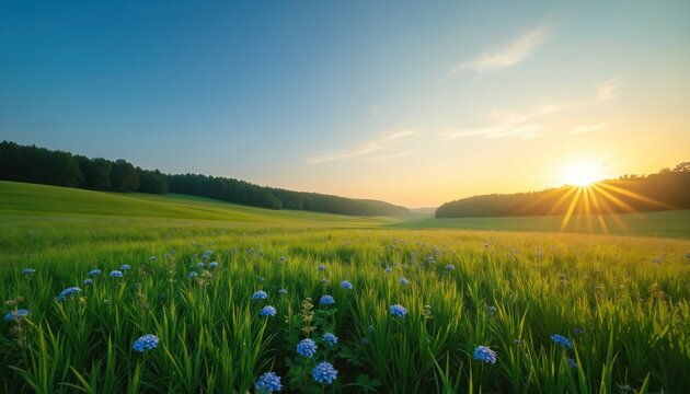 Blue wildflowers bloom in rich green field near forest. Golden sun sets on horizon. Sky is clear blue with soft clouds. Nature scene evokes peace.