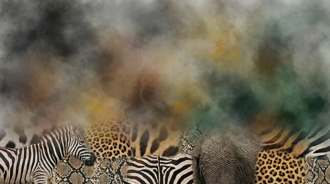 Wild animals hide in misty savannah landscape