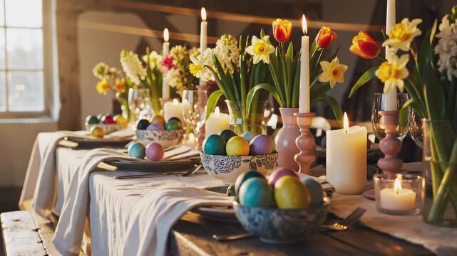Easter table with spring flowers painted eggs and candles in warm golden light with tracking shot