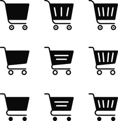 Shopping cart icon set with various designs and styles for ecommerce apps