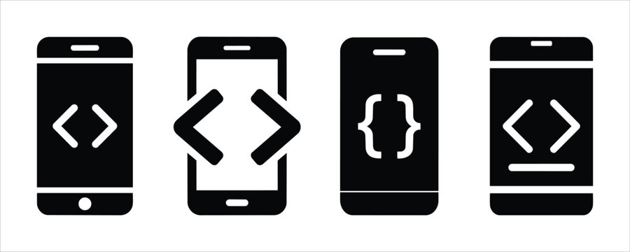 Set of four smartphone icons with code symbols, demonstrating mobile development and programming concepts