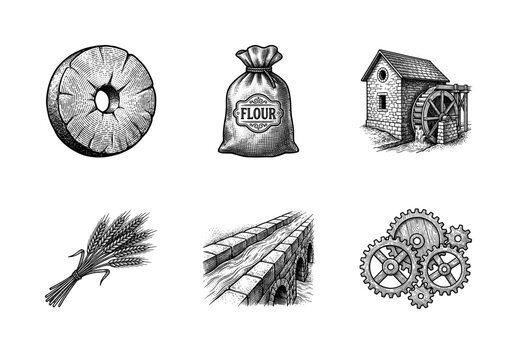 Vintage engraving style illustrations of traditional flour milling elements including watermill wheat millstone and gears
