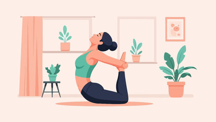 Fototapeta premium Woman in a home, practicing yoga in a serene pose with plants nearby