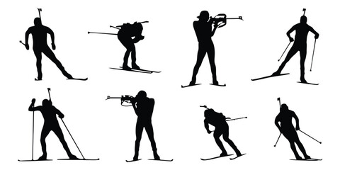 Silhouettes of biathlon athletes during competition including skiing and shooting poses © Rahman
