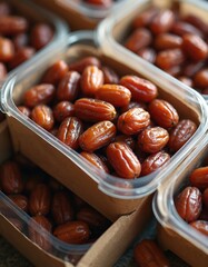 Obraz premium Fresh palm dates packed in clear plastic containers. Boxes of sweet, dried fruit are stacked, ready for sale or consumption. Healthy natural food assortment in transparent packaging.