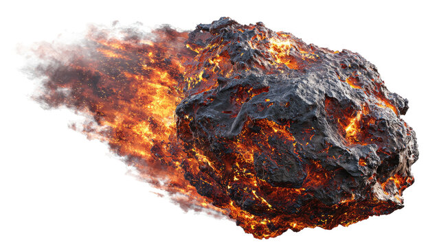 A flaming, rocky celestial object hurtling through space, trailing smoke and fire