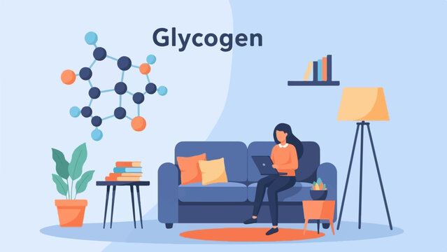 Woman studying glycogen molecule on laptop in a cozy room