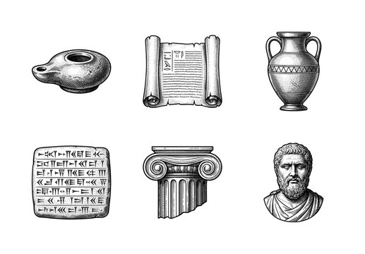 Set of ancient civilization artifacts and symbols in a vintage woodcut engraving style including cuneiform tablet and greek bust