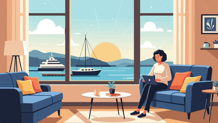 Fototapeta premium Woman works on laptop on a couch with a beautiful ocean view at sunset