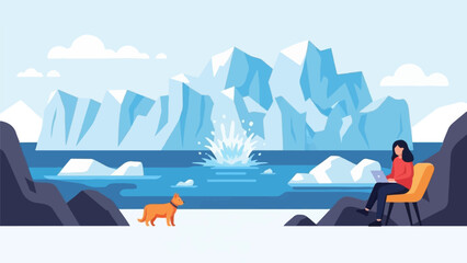 Fototapeta premium Woman works on laptop with dog in arctic landscape