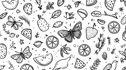 Hand Drawn Doodle Pattern of Fruits Butterflies and Leaves Seamless Background.