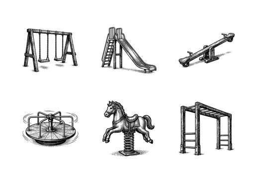 Set of vintage playground equipment illustrations including swing, slide, see-saw, carousel, spring rider horse, and monkey bars in a detailed woodcut engraving style.