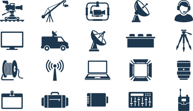 Collection of dark blue silhouette icons representing professional cinematography and broadcast production equipment.