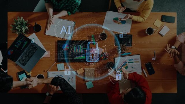 Aerial view of diverse professionals engaged in a strategic discussion, incorporating artificial intelligence, data analysis, and digital security in a collaborative workspace. Raster