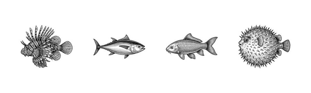 Vintage engraving style set of fish illustrations including lionfish tuna carp and pufferfish in black and white line art