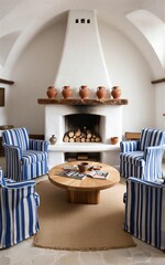 Fototapeta premium Cozy living room with blue striped chairs fireplace and rustic wooden
