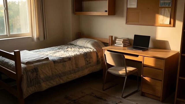 A Dormitory Room with a Twin Bed and Wooden Desk Bathed in Warm Afternoon Sunlight Creating a Solitary Atmosphere