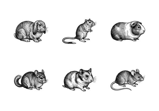 Vintage style engraving collection of small domestic rodents and lagomorphs including rabbit guinea pig hamster and chinchilla