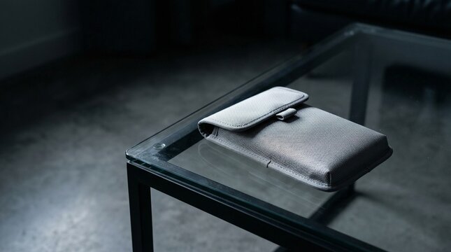 Faraday Cage Pouch Mockup on Glass Table