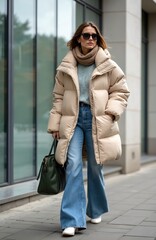 Obraz premium Woman walks on city street wearing beige puffer jacket knitted sweater blue flared jeans. Fashionable outfit includes handbag glasses and tan scarf. Outerwear defines casual winter style.