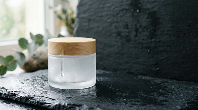 Mockup Skincare Jar with Wooden Lid on Wet Slate