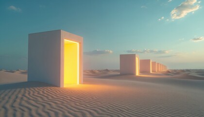 Fototapeta premium Geometric portals open to bright yellow light in a vast desert landscape. Sandy dunes stretch to the horizon under a clear blue sky. The minimal structures create a surreal journey perspective.