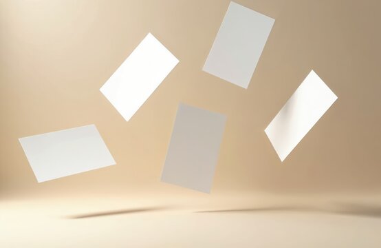 Several blank white rectangles float in air against neutral background. Use for business cards flyers or art templates. Simple minimal clean design.