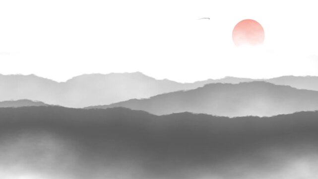 Traditional Chinese ink wash painting animation of misty mountains and red sun