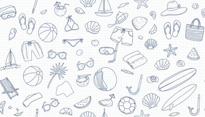 Collection of Hand Drawn Beach and Summer Icons.