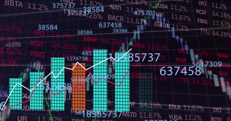 Obraz premium Showing teal bars with orange bar on trade screen displaying white pink lines and floating numbers