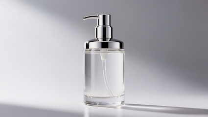 Naklejka premium Minimalist Clear Glass Soap Dispenser with Chrome Pump on Neutral Background
