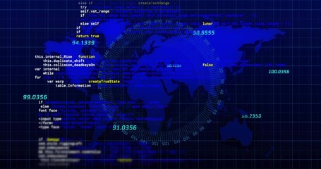 Obraz premium Displaying centered world map and radar rings on computer dashboard, showing grid and code readouts