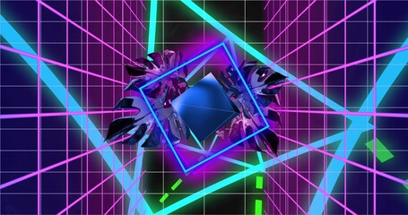 Fototapeta premium Vertical video: Playback starting blue frame rotating in neon grid revealing diamond for retro tech