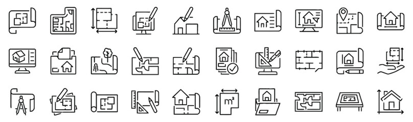 Architectural floor plan and house blueprint icons for construction and design